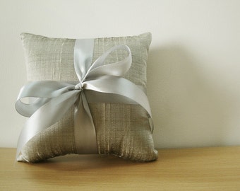 Silver Grey Silk Dupioni Ring Bearer Pillow with Grey Satin Ribbon