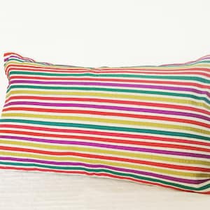 Bright & Cheerful Stripes Lumbar Pillow Cover in Natural Non Dyed Cotton Linen , Bright Decorative Pillow, Ribbon Stripes Pillow, Housewares