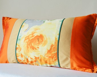 New Orange Rose Print Patchwork Pillow Cover , Orange Rose Lumbar Cushion Cover , Orange Patchwork Decorative Pillow, Spring Cushion Cover