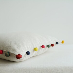 Natural Ecru Color Cotton Linen Cushion Cover with Colorful Fabric Pom Poms , Cotton Linen Decor Pillow , Ecru Linen Scatter Cushion zdjęcie 4