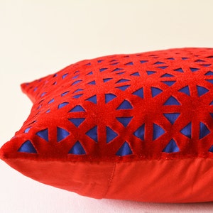 Red and Blue Geometric Velvet Pillow Cover , Geometric Velvet Cushion Cover , Red Velvet Throw Pillow , Lase Cut Geometric Velvet Cushion image 3