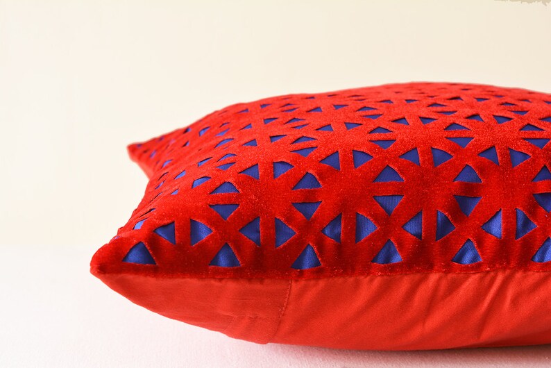 Red and Blue Geometric Velvet Pillow Cover , Geometric Velvet Cushion Cover , Red Velvet Throw Pillow , Lase Cut Geometric Velvet Cushion image 3