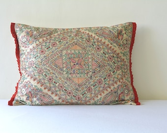 Colourful Hand Painted Madhubani Pillow Cover, Colourful Folk Art Rectangle Pillow Cover, Tussar Silk & Colourful Hand Painted Cushion Cover