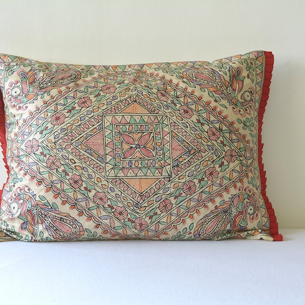 Colourful Hand Painted Madhubani Pillow Cover, Colourful Folk Art Rectangle Pillow Cover, Tussar Silk & Colourful Hand Painted Cushion Cover