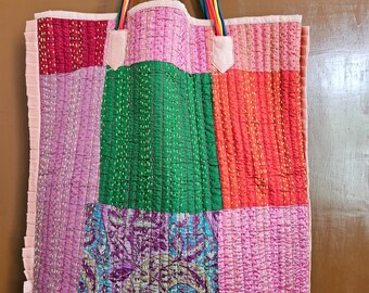 Vintage Kantha Shopping Bag with Multi Color Strings & Edge Detail, Hand Crafted Kantha Tote Bag with Quilting , Fabric Tote