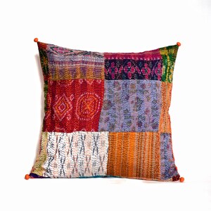 Bright Multicolour Vintage Sari Hand Stitched Kantha Pillow Covers , Vintage Kantha Pillow , Vintage Kantha Cushion Covers , Bright Decor