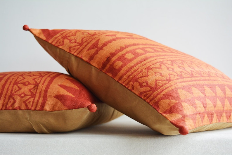Set Of 2 Block Printed Rust Burnt Orange Silk Pillow Etsy