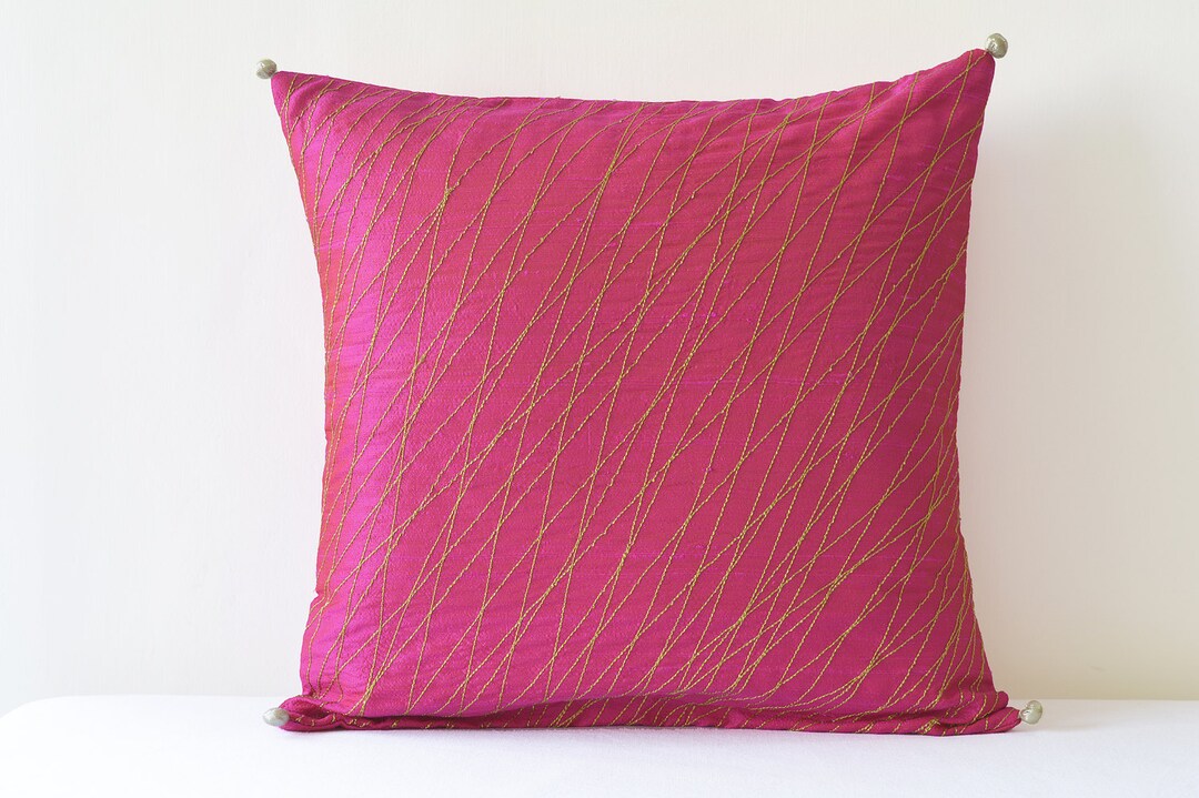 Festive Pink Silk Pillow Cover With Gold Stitch Detail , Pink & Gold