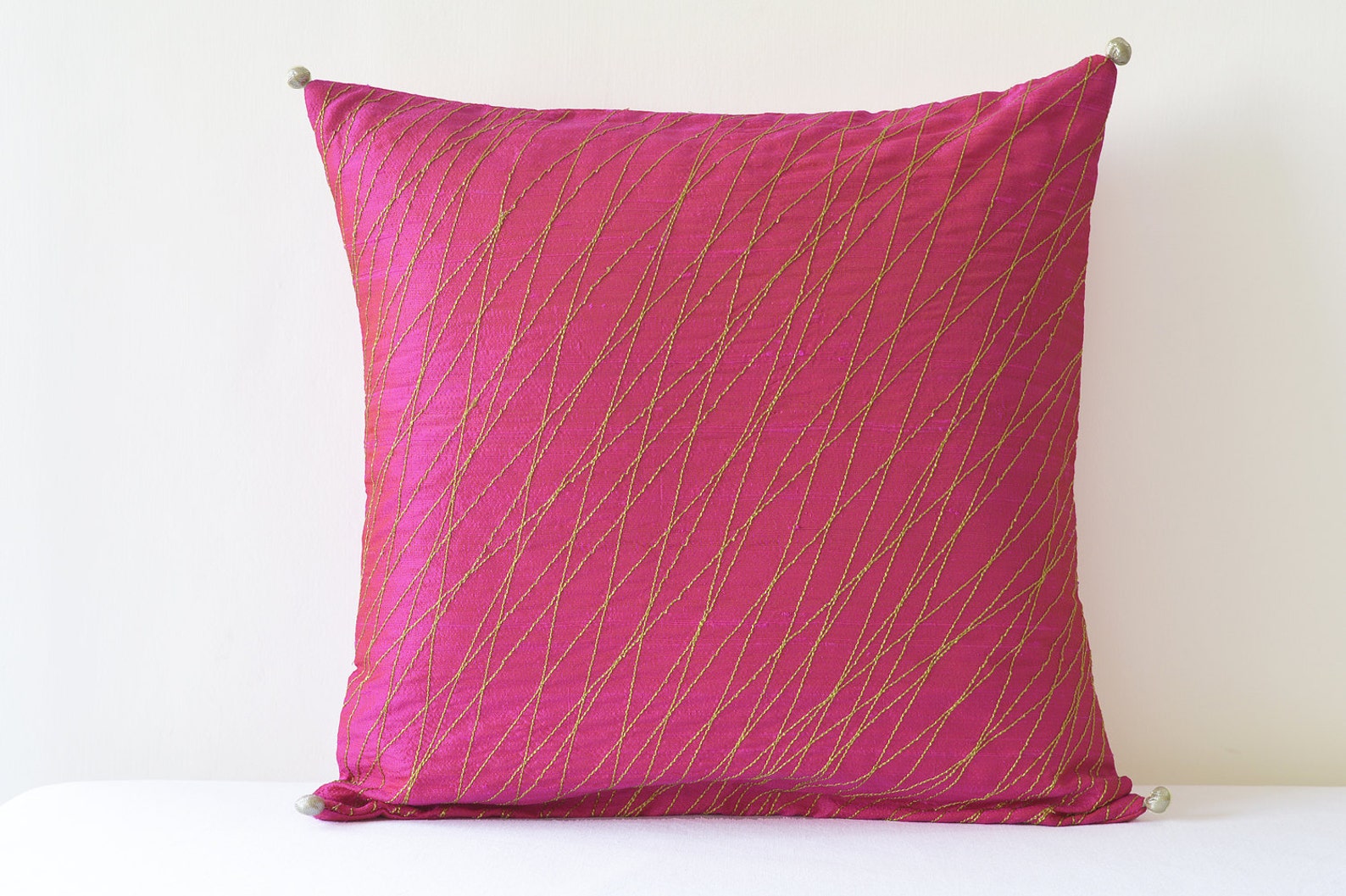 Festive Pink Silk Pillow Cover With Gold Stitch Detail Pink Etsy