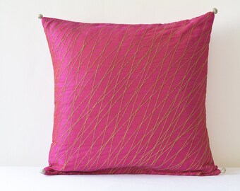 Festive Pink Silk Pillow Cover with Gold Stitch Detail , Pink & Gold Silk Pillow Cover , Hot Pink Decor Pillow Cover , Fuchsia Cushion Cover