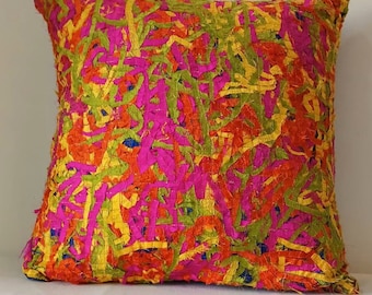 Beautifuly Bright Multicolor Brocade Pillow , Bright Brocade Cushion , Housewares , Decor Pillow , Bright Patchwork IndianPillow