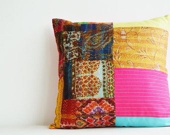 Bright and Colourful Vintage Kantha Patchwork Pillow , Cushion Cover , Decorative Pillow , Throw Pillow , Kantha Patchwork Cushion