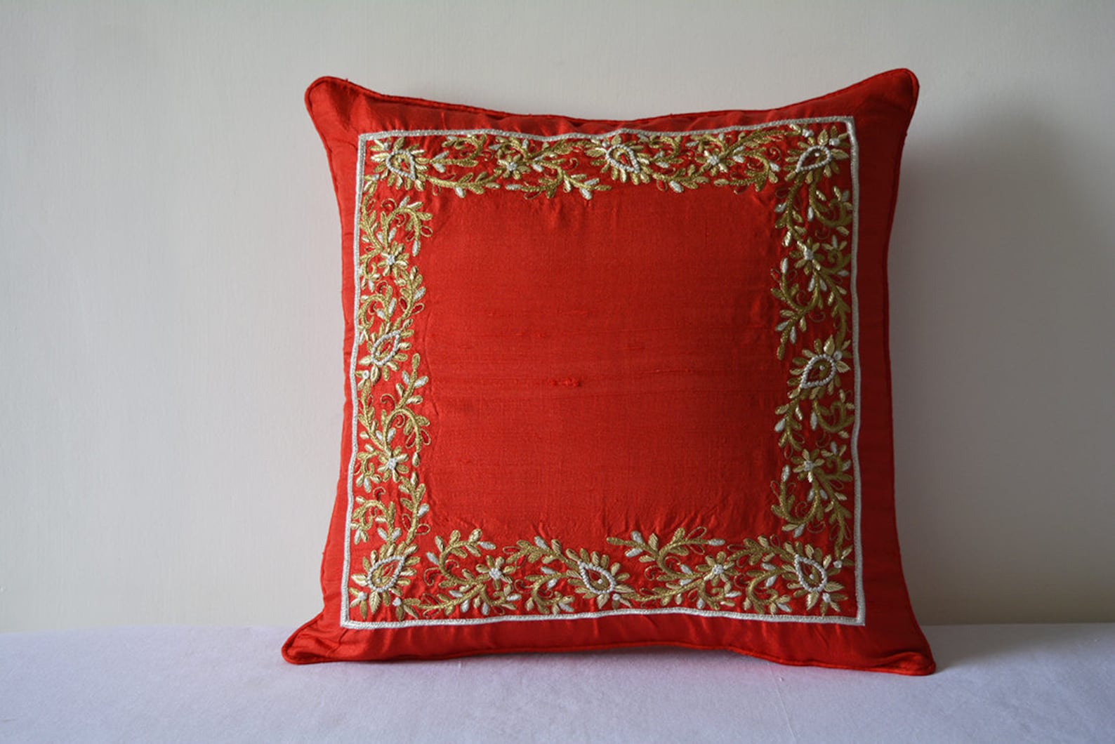 Hand Embroidered Red and Gold Zardozi Cushion Cover Red & Etsy UK