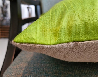Chartreuse Green Dupioni Silk & Natural Linen Reversible Pillow Cover , Bright Green and Natural Linen Accent Pillow , Green Scatter Cushion