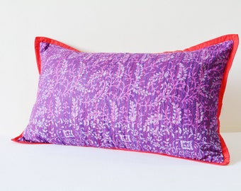 Purple Printed Silk Pillow Cover with Fuchsia Stitch Detail, Purple Silk Pillow Cover with Contrast Flange, Lumbar Pillow, Decorative Pillow