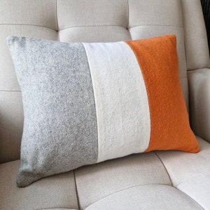 Orange Offwhite and Natural Grey Colour Blocked Felt Cushion Cover , Grey White & Orange Felt Decorative Pillow , Felt Cushion Cover