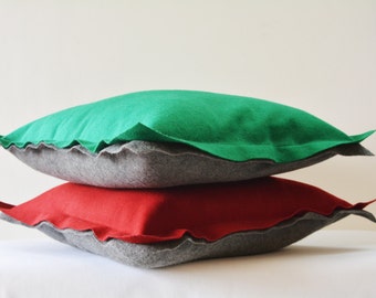 Green and Dark Grey Reversible Felt Cushion Cover, Decorative Pillow, Throw Pillow , Two Colour Reversible Felt Cushion Cover with Flange