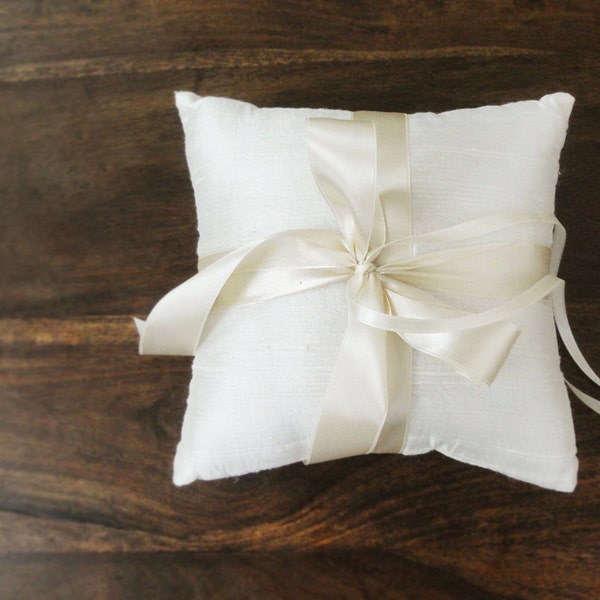 Simple Ivory Dupioni Silk Ring Pillow, Ring Bearer Pillow with Satin Ribbon Ties