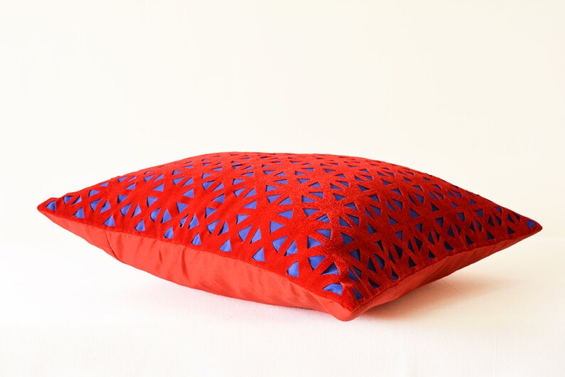 Red and Blue Geometric Velvet Pillow Cover , Geometric Velvet Cushion Cover , Red Velvet Throw Pillow , Lase Cut Geometric Velvet Cushion image 5