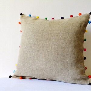 Natural Beige Linen Cushion Cover with Bright Fabric Pom Pom detail , Linen Pillow Cover with Colorful Pom Pom , Throw Pillow , Decor Pillow image 2