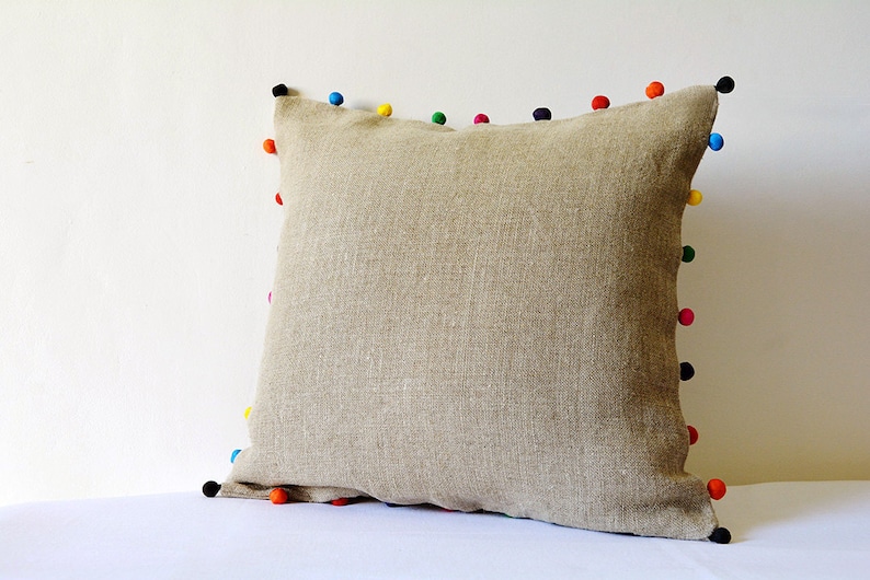 Natural Beige Linen Cushion Cover with Bright Fabric Pom Pom detail , Linen Pillow Cover with Colorful Pom Pom , Throw Pillow , Decor Pillow image 2