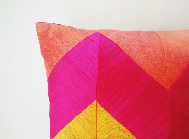 Pink & Yellow Chevron Lumbar Pillow in Dupioni Silk Decor Etsy