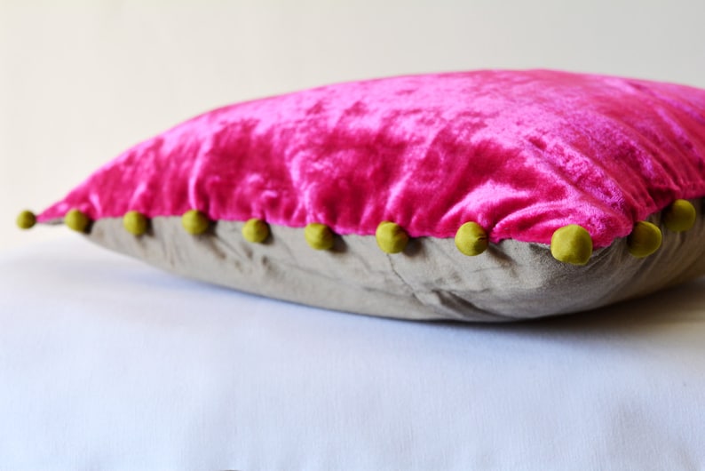 Hot Pink Velvet Pillow with Pom Poms Fuchsia Velvet Cushion Etsy