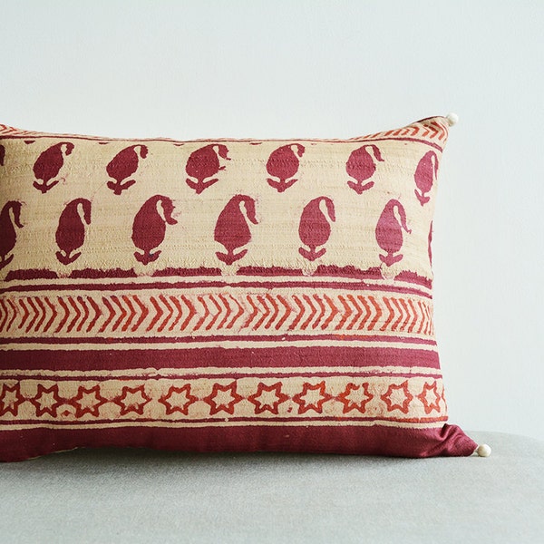 Maroon  Hand Block Printed Cushion Cover in Silk with Paisley Motif , Throw Pillow , Lumbar , Decorative Pillow