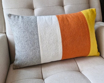 Orange Offwhite Yellow & Natural Grey Colour Blocked Felt Cushion Cover , Decorative Felt Pillow , Felt Cushion Cover