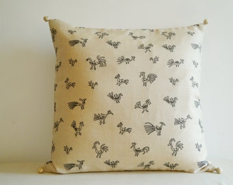 Light Beige Birds Embroidered Silk Pillow Cover , Birds Cushion Cover , Embroidered Decorative Pillow , Folk Birds Embroidered Pillow Cover