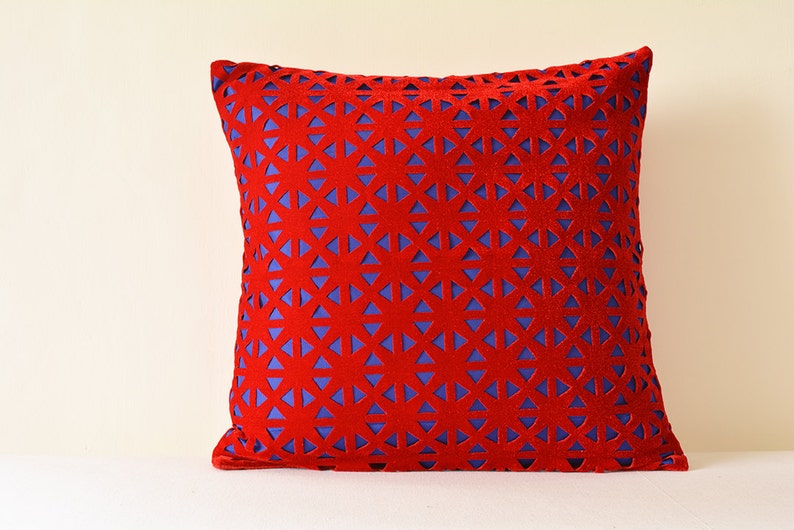 Red and Blue Geometric Velvet Pillow Cover , Geometric Velvet Cushion Cover , Red Velvet Throw Pillow , Lase Cut Geometric Velvet Cushion image 1