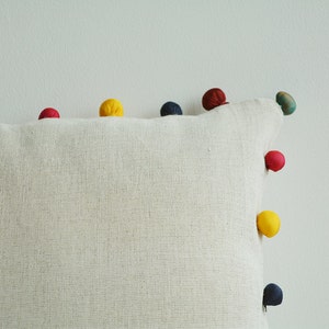 Natural Ecru Color Cotton Linen Cushion Cover with Colorful Fabric Pom Poms , Cotton Linen Decor Pillow , Ecru Linen Scatter Cushion zdjęcie 5