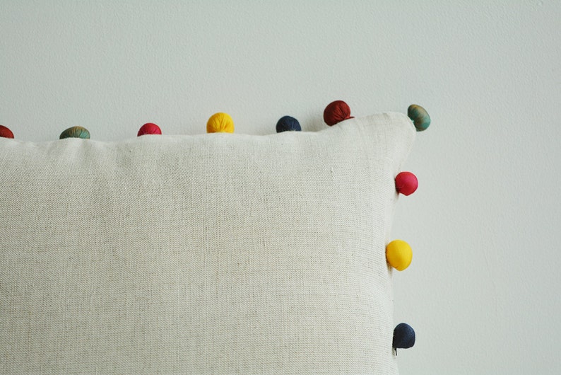 Natural Ecru Color Cotton Linen Cushion Cover with Colorful Fabric Pom Poms , Cotton Linen Decor Pillow , Ecru Linen Scatter Cushion zdjęcie 5