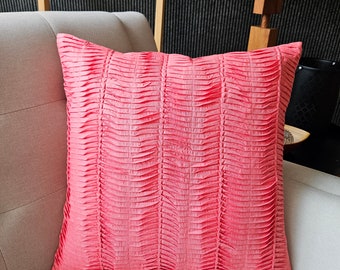 Coral Pleated Pillow Cover, Coral Textured Cushion Cover, Pleated Pillow Cover, Solid Coral Pillow Cover, Coral Throw Pillow, Home Decor