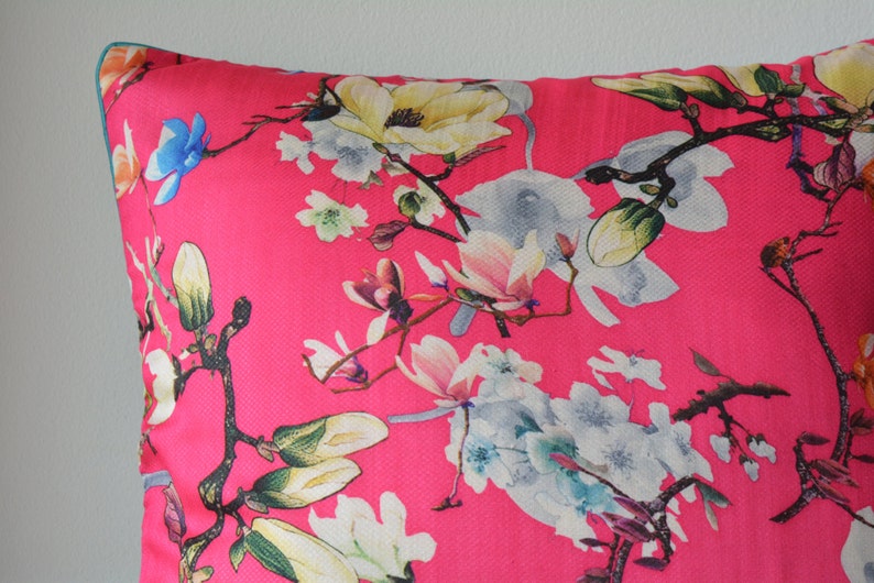 Spring Summer Florals, Pink Floral Print Pillow Cover , Hot Pink Floral Cushion Cover , Pink Decorative Pillow , Spring Cushion Cover image 3