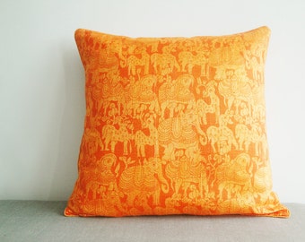 Orange Printed Dupioni Silk Pillow , Indian Jungle Animals Pillow , Decor Pillow , Throw Pillow