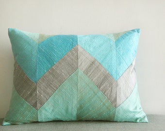 Turquoise & Silver Chevron Pillow in Dupioni Silk , Decor Pillow , Throw Pillow , Aqua Lumbar Pillow