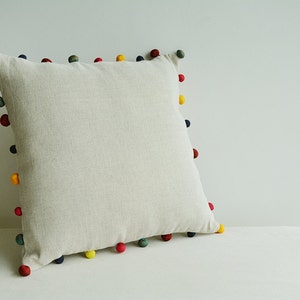 Natural Ecru Color Cotton Linen Cushion Cover with Colorful Fabric Pom Poms , Cotton Linen Decor Pillow , Ecru Linen Scatter Cushion zdjęcie 3