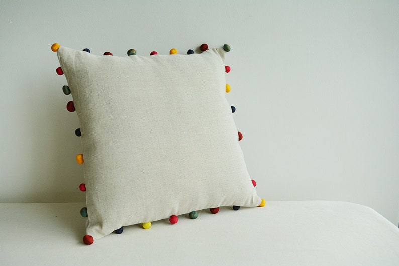 Natural Ecru Color Cotton Linen Cushion Cover with Colorful Fabric Pom Poms , Cotton Linen Decor Pillow , Ecru Linen Scatter Cushion zdjęcie 3
