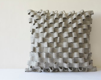 3-D Light Grey Felt Cushion Cover , Grey Decorative Pillow , Gray Accent Throw Pillow, Textured Gray Felt Pillow in Woven Loop Pattern