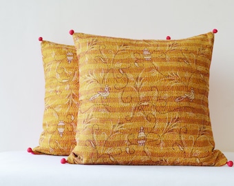 Set of 2, Yellow Vintage Hand Stitched Kantha Cushion Covers , Yellow Decorative Pillow Cover , Mustard Yellow Vintage Kantha Cushion Covers