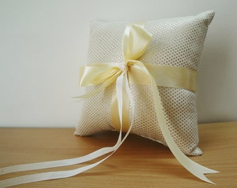 Elegant Creme and Gold Ring Bearer Pillow in a Woven Dot Pattern with Satin Ribbons