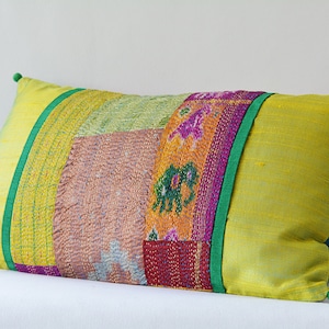 Lime Green Patchwork Pillow with Vintage Sari Hand stitched Kantha & Dupioni Silk , Decorative Pillow, Lumbar Pillow, Vintage Kantha Cushion
