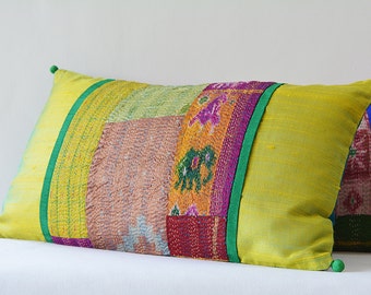 Lime Green Patchwork Pillow with Vintage Sari Hand stitched Kantha & Dupioni Silk , Decorative Pillow, Lumbar Pillow, Vintage Kantha Cushion