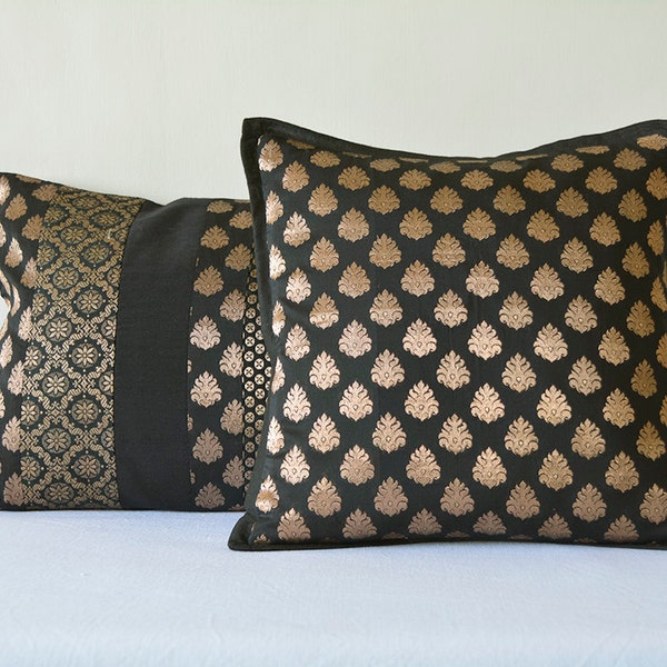 12 x 12 inch Black and Gold Silk Brocade Pillow Cover , Black Brocade Accent Cushion Cover , Black and Gold Decorative Pillow Cover