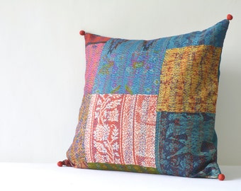Vintage Kantha Decorative Pillow Cover with Potli Pom Pom Detail , Kantha Cushion Cover with Pom Poms , Vintage Kantha Decorative Pillow