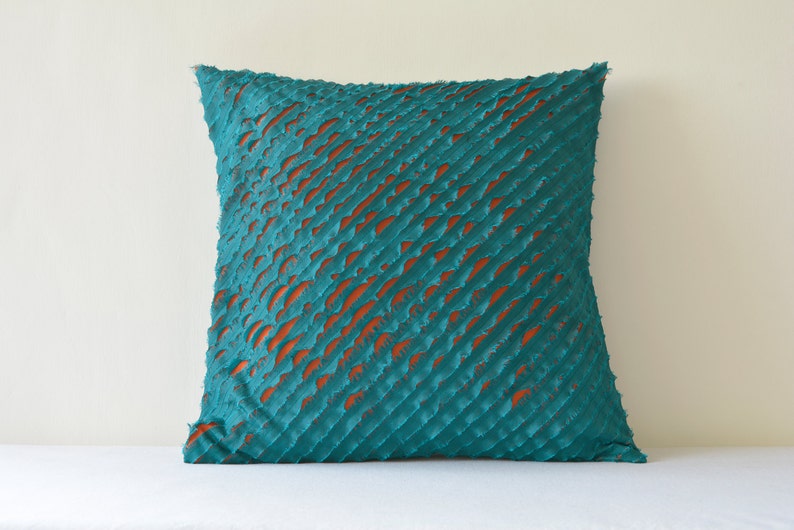Teal & Orange Frayed 2 Layer Faux Silk Cushion Cover Teal Etsy