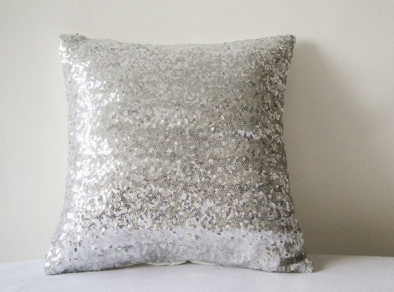 Shiny Silver Sequin Pillow Cover, Silver Decorative Pillow, Silver Metallic Cushion Cover image 1