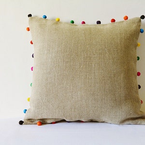 Natural Beige Linen Cushion Cover with Bright Fabric Pom Pom detail , Linen Pillow Cover with Colorful Pom Pom , Throw Pillow , Decor Pillow image 1