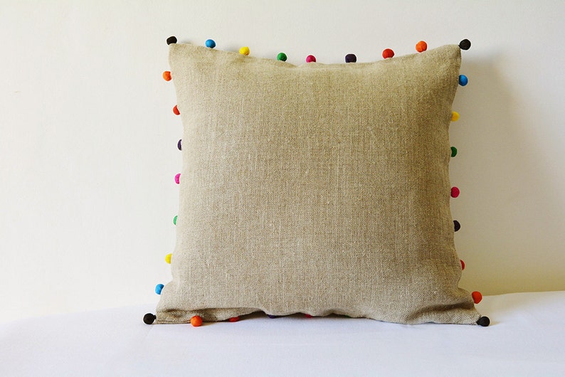 Natural Beige Linen Cushion Cover with Bright Fabric Pom Pom detail , Linen Pillow Cover with Colorful Pom Pom , Throw Pillow , Decor Pillow image 1
